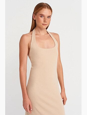 Vestido largo canalé halter con abertura dilvin