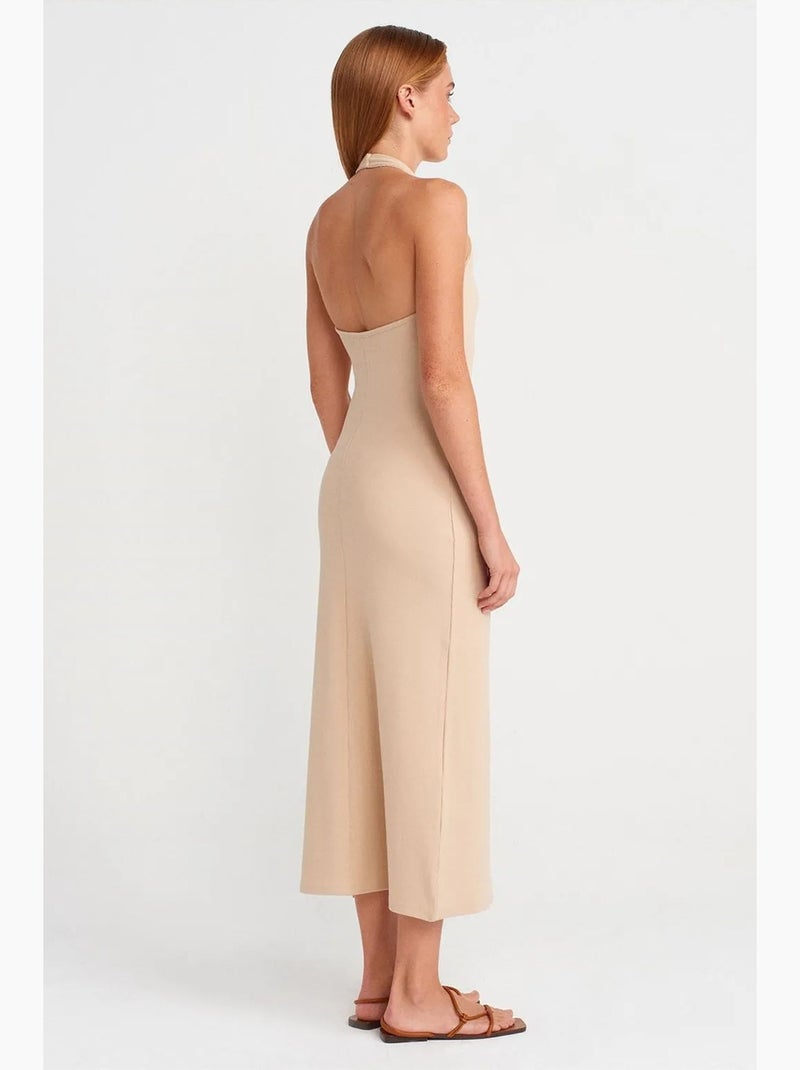 Vestido largo canalé halter con abertura dilvin Beige arcilla - Kiabi