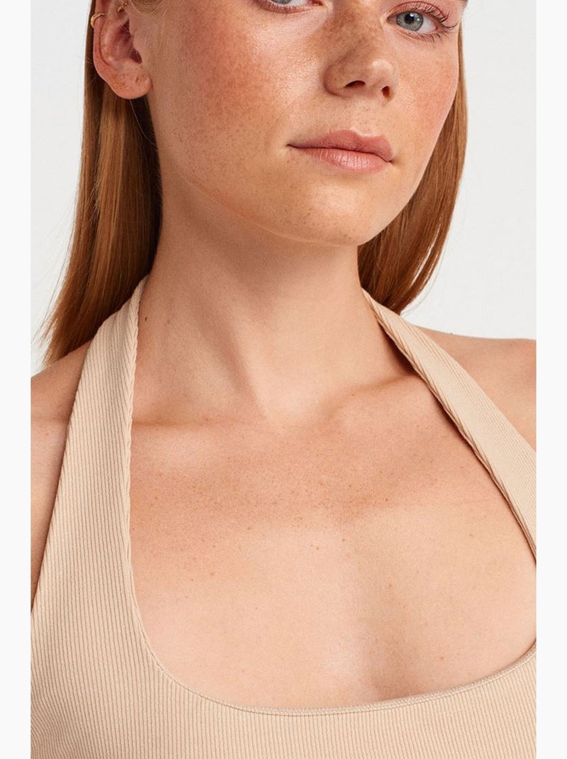 Vestido largo canalé halter con abertura dilvin Beige arcilla - Kiabi
