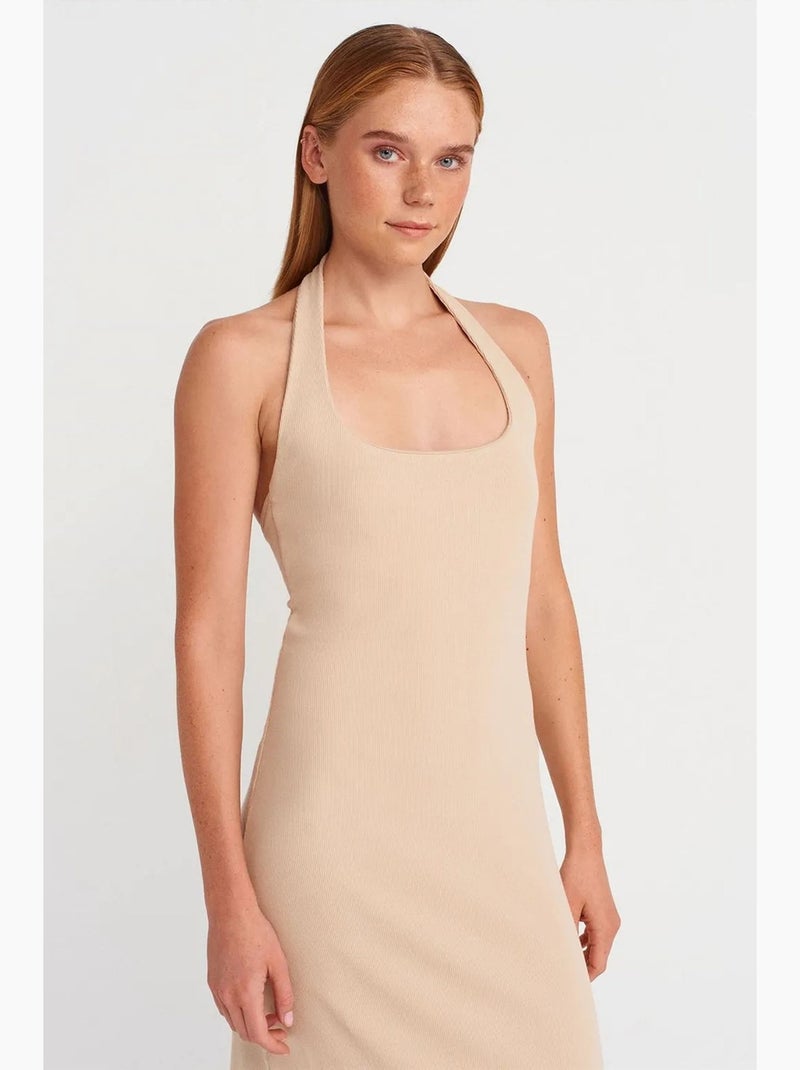 Vestido largo canalé halter con abertura dilvin Beige arcilla - Kiabi