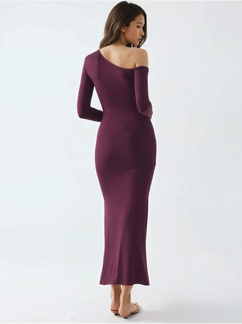 Vestido largo con cuello asimétrico y detalle de volante busem Malva - Kiabi