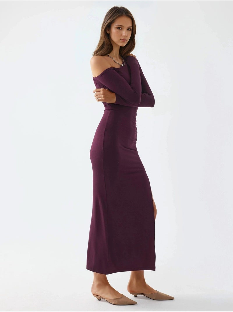 Vestido largo con cuello asimétrico y detalle de volante busem Malva - Kiabi