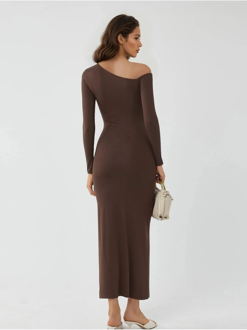 Vestido largo con cuello asimétrico y detalle de volante busem Marrón claro - Kiabi