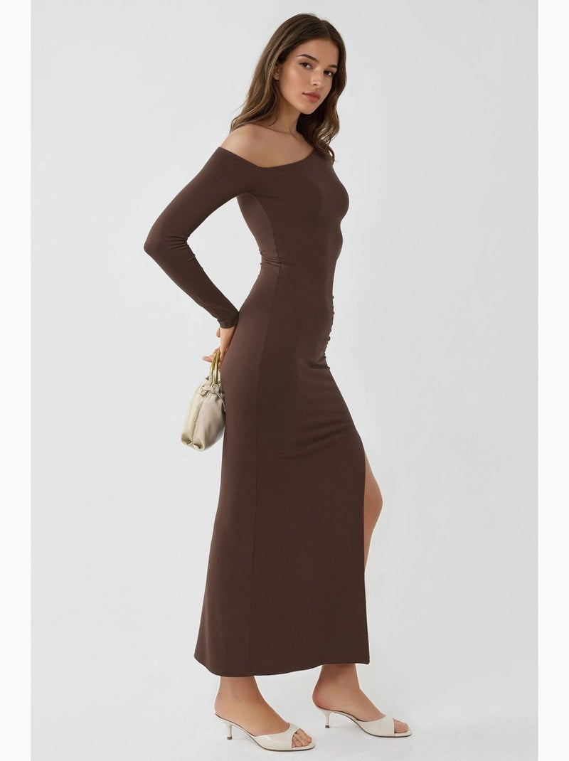 Vestido largo con cuello asimétrico y detalle de volante busem Marrón claro - Kiabi