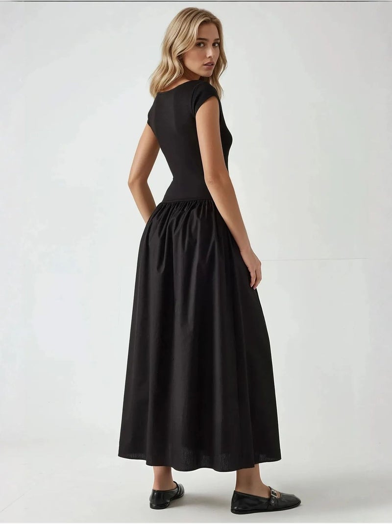 Vestido largo con cuello barco y corte en A Negro - Kiabi