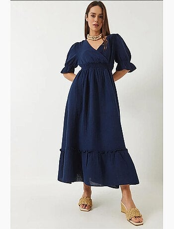 Vestido largo con cuello cruzado, cintura y mangas elásticas lucci