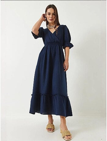Vestido largo con cuello cruzado, cintura y mangas elásticas lucci