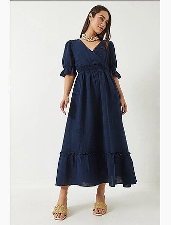 Vestido largo con cuello cruzado, cintura y mangas elásticas lucci