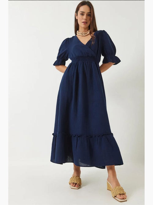 Vestido largo con cuello cruzado, cintura y mangas elásticas lucci - Kiabi