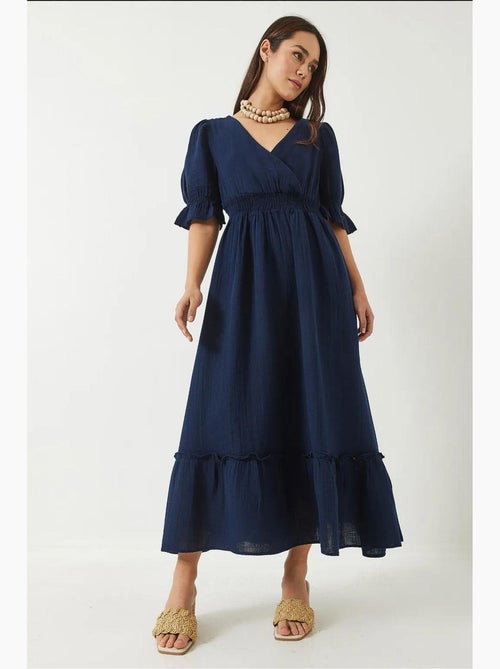Vestido largo con cuello cruzado, cintura y mangas elásticas lucci - Kiabi