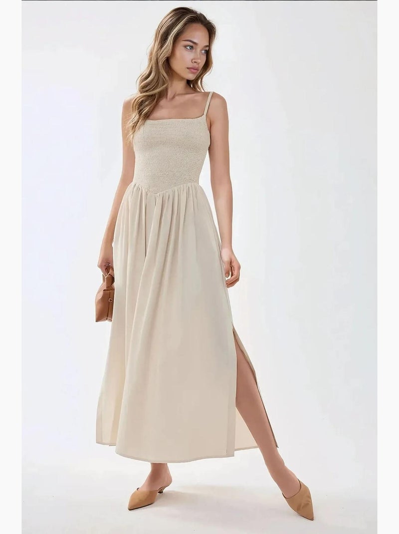 Vestido largo con cuello cuadrado y forma de a hiccup Beige - Kiabi