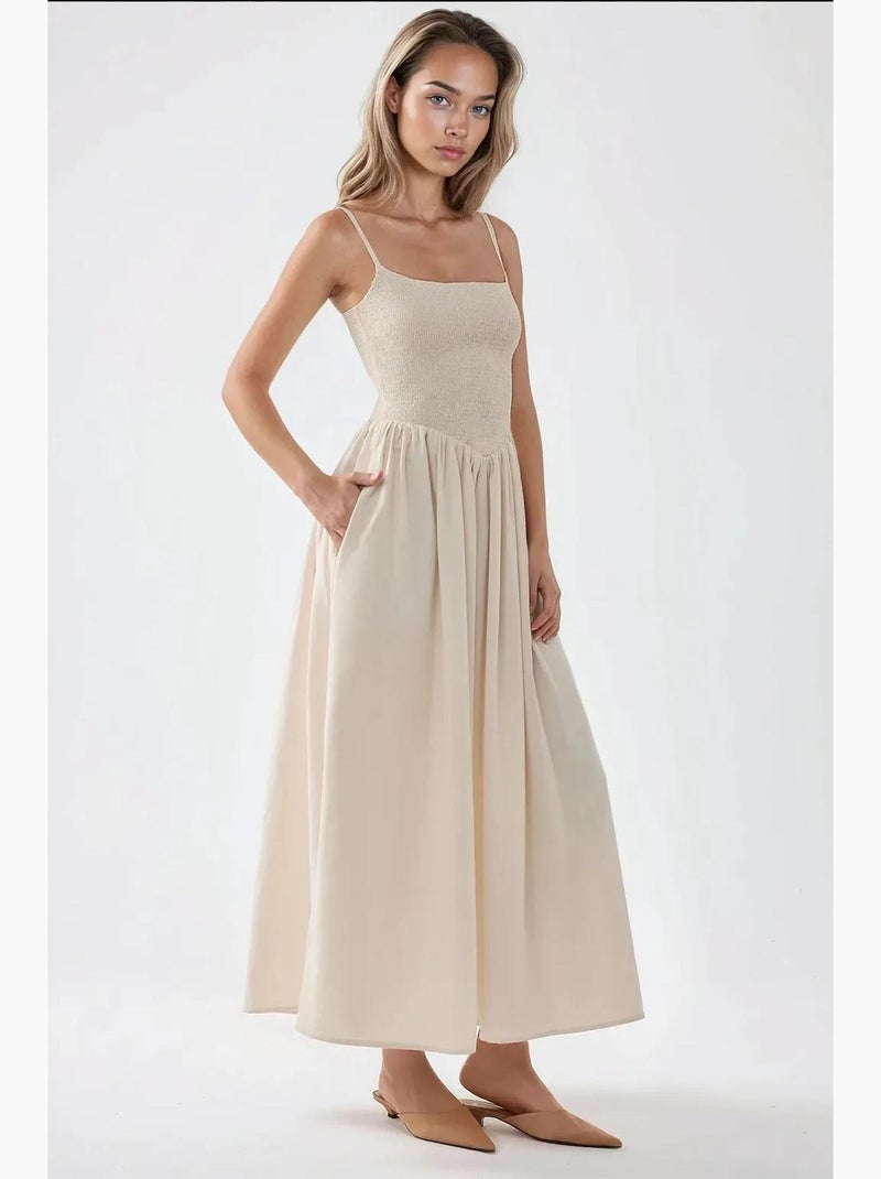 Vestido largo con cuello cuadrado y forma de a hiccup Beige - Kiabi