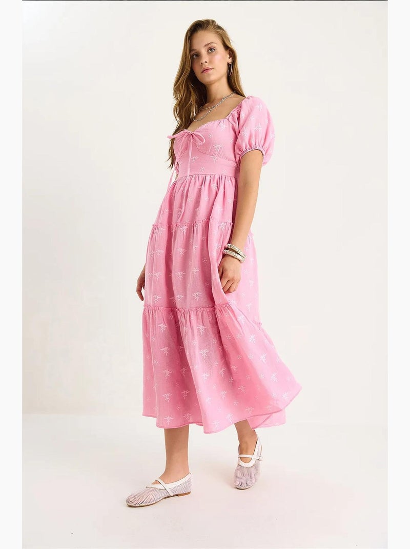 Vestido largo con cuello de corazón bordado lucci Rosa fluo/Solinotes - Kiabi