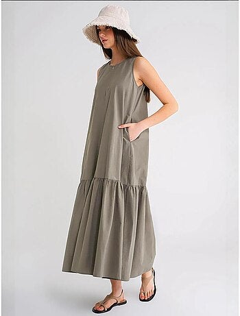 Vestido largo con cuello de tippet y detalle de volante mixray