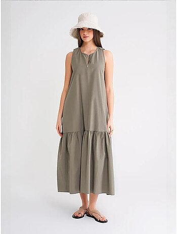 Vestido largo con cuello de tippet y detalle de volante mixray