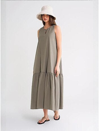 Vestido largo con cuello de tippet y detalle de volante mixray
