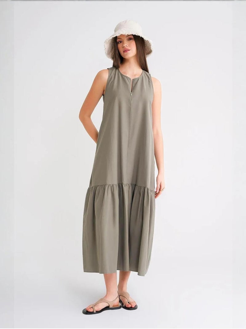 Vestido largo con cuello de tippet y detalle de volante mixray Caqui - Kiabi