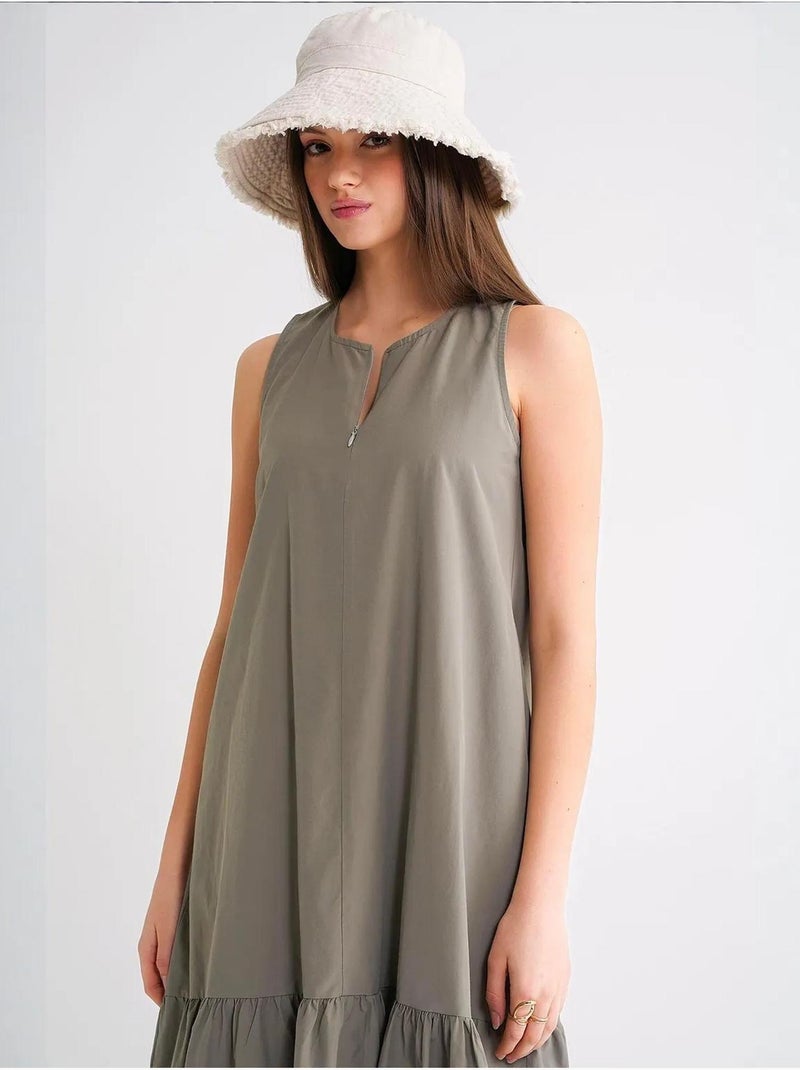 Vestido largo con cuello de tippet y detalle de volante mixray Caqui - Kiabi