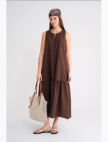 Vestido largo con cuello de tippet y detalle de volante mixray