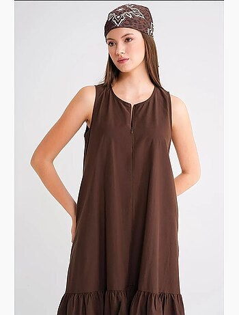 Vestido largo con cuello de tippet y detalle de volante mixray