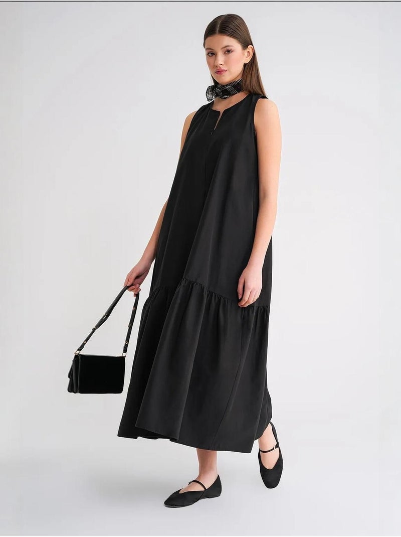 Vestido largo con cuello de tippet y detalle de volante mixray Negro - Kiabi