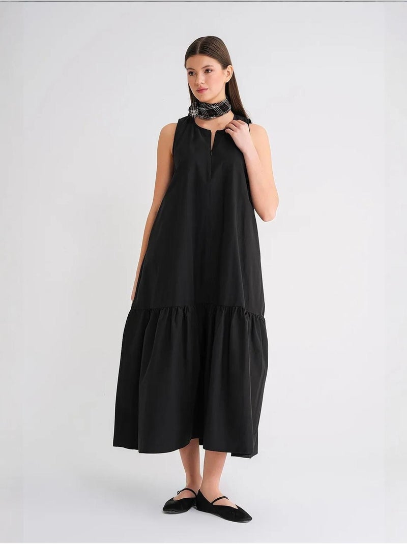 Vestido largo con cuello de tippet y detalle de volante mixray Negro - Kiabi