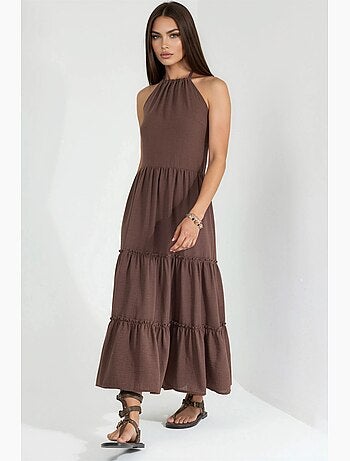 Vestido largo con cuello halter y detalles de volantes busem