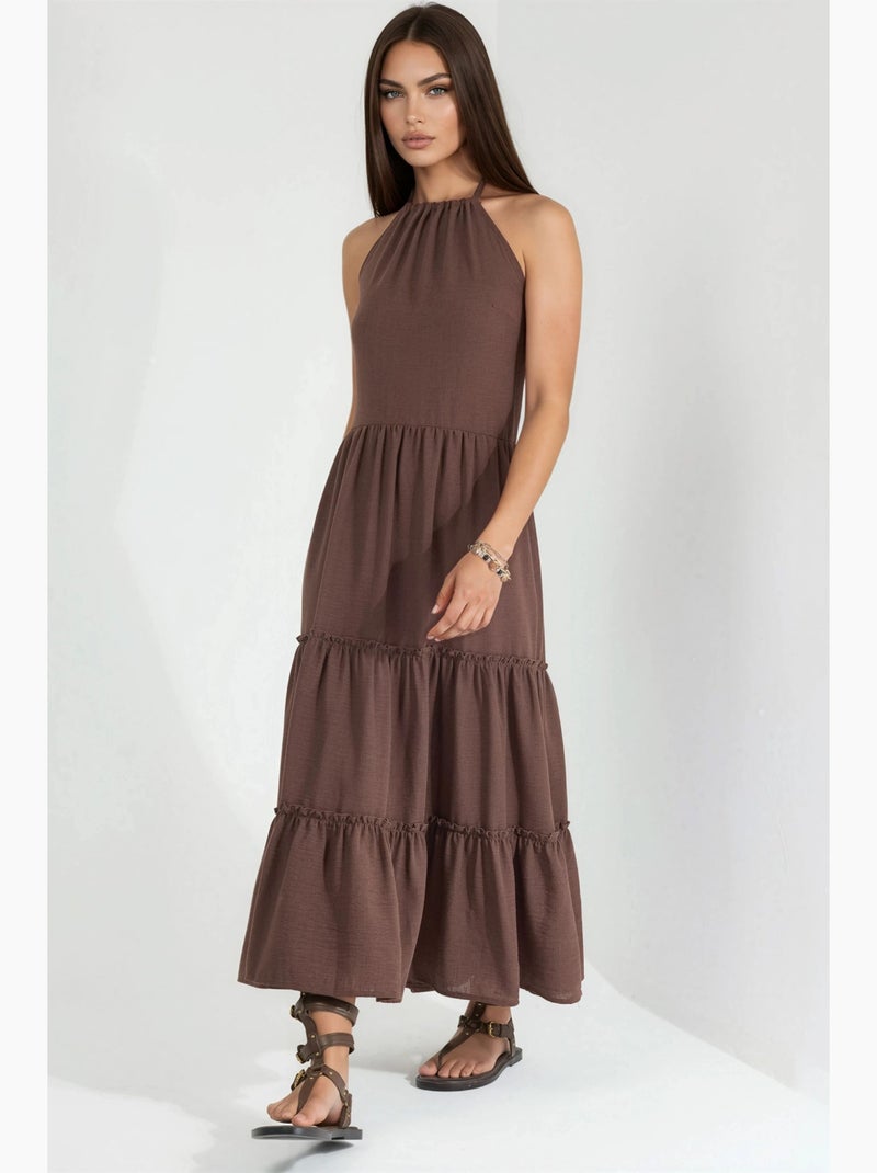 Vestido largo con cuello halter y detalles de volantes busem Marrón claro - Kiabi