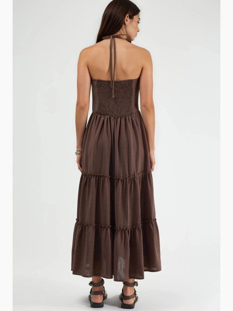 Vestido largo con cuello halter y detalles de volantes busem Marrón claro - Kiabi
