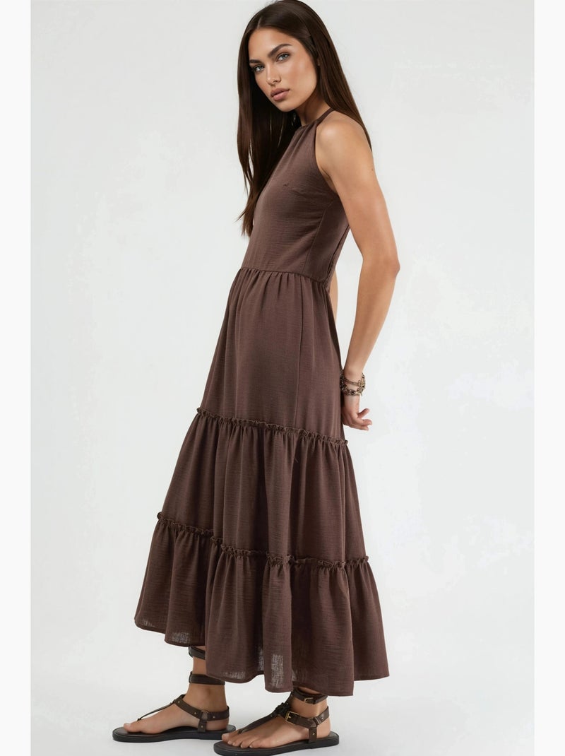 Vestido largo con cuello halter y detalles de volantes busem Marrón claro - Kiabi
