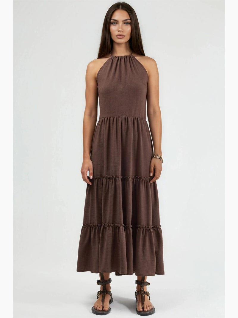 Vestido largo con cuello halter y detalles de volantes busem Marrón claro - Kiabi