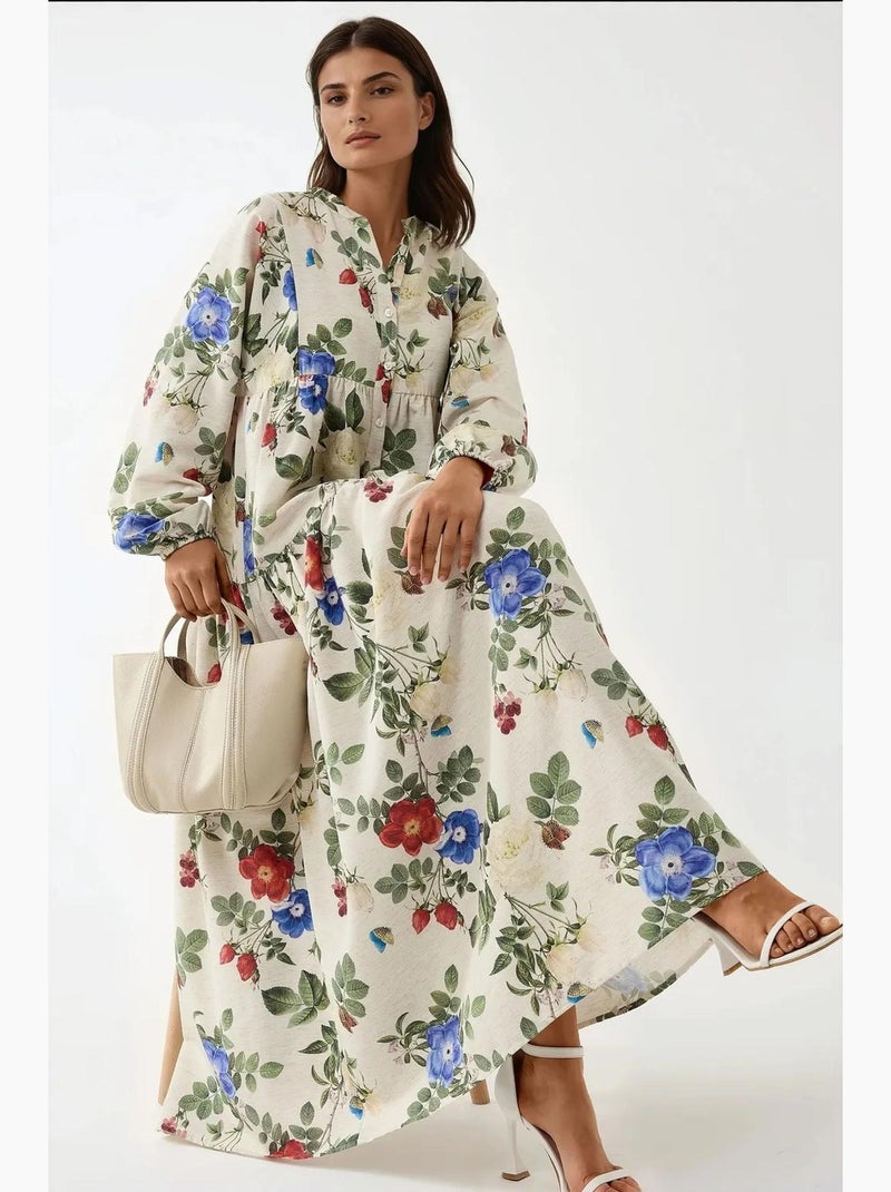 Vestido largo con cuello redondo y estampado floral hiccup Crema - Kiabi
