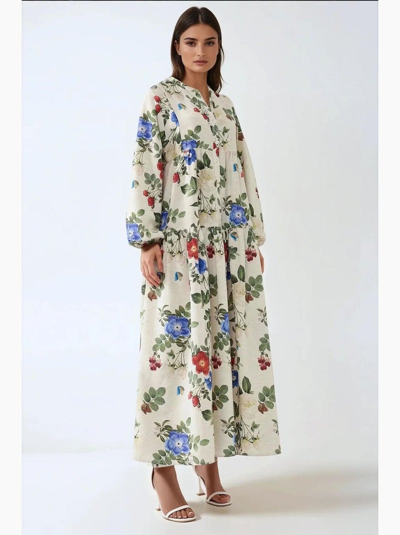 Vestido largo con cuello redondo y estampado floral hiccup Crema - Kiabi
