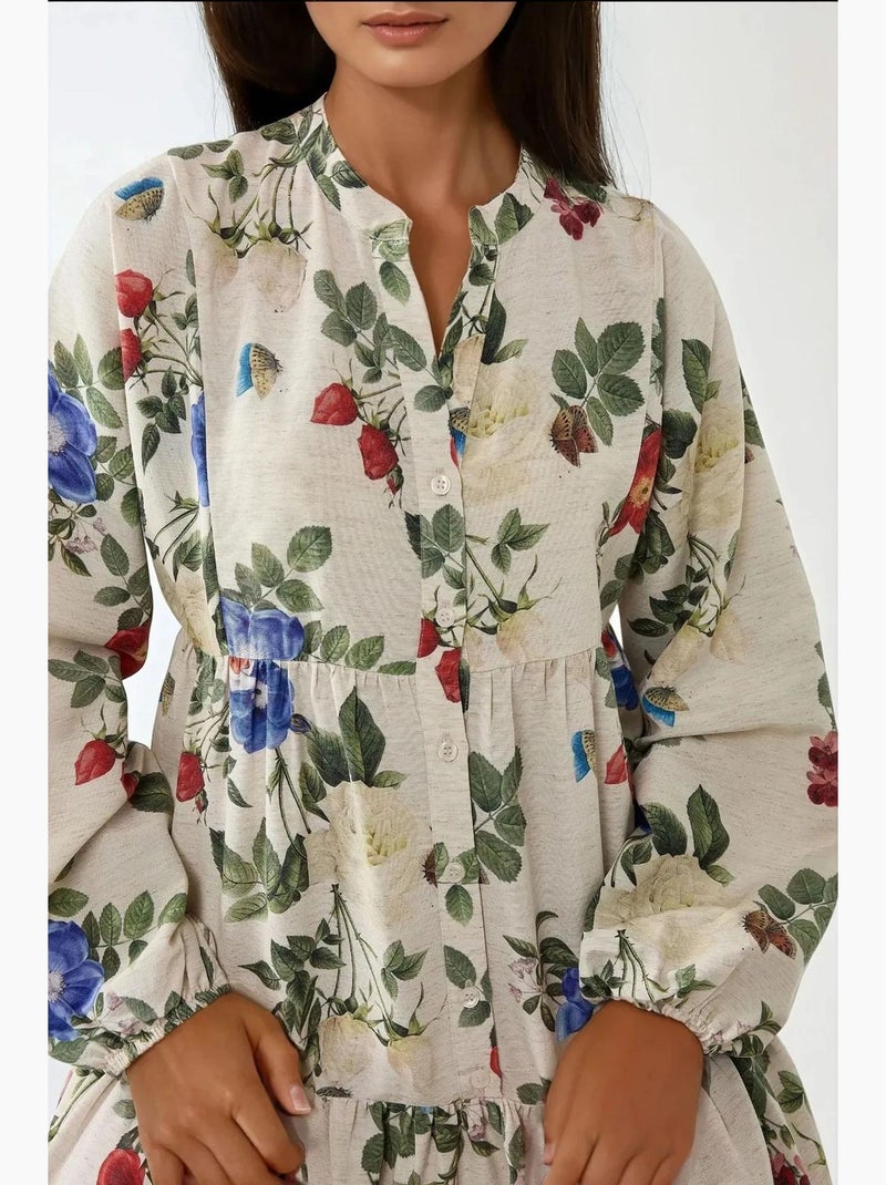 Vestido largo con cuello redondo y estampado floral hiccup Crema - Kiabi