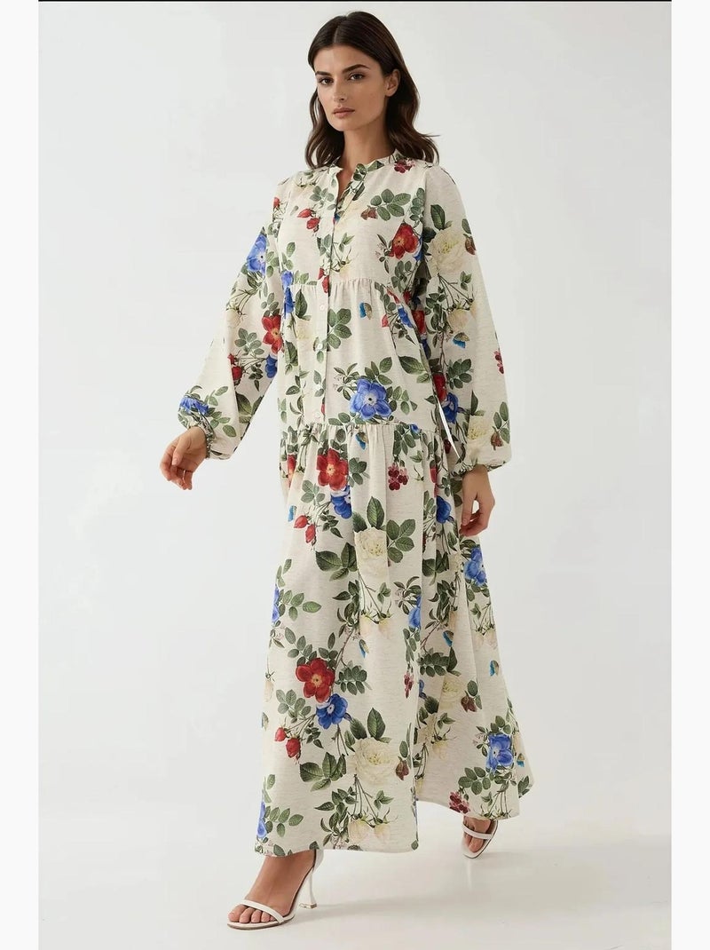 Vestido largo con cuello redondo y estampado floral hiccup Crema - Kiabi