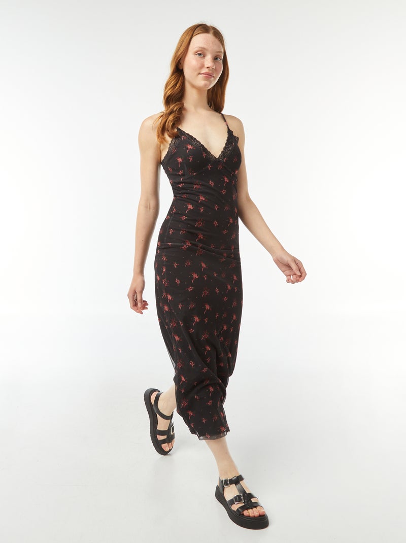 Vestido largo con detalles con encaje y motivo Negro - Kiabi