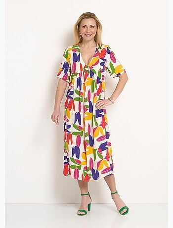 Vestido largo con escote en pico y estampado abstracto - Afibel