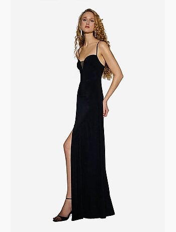 Vestido largo con escote en v y abertura hiccup