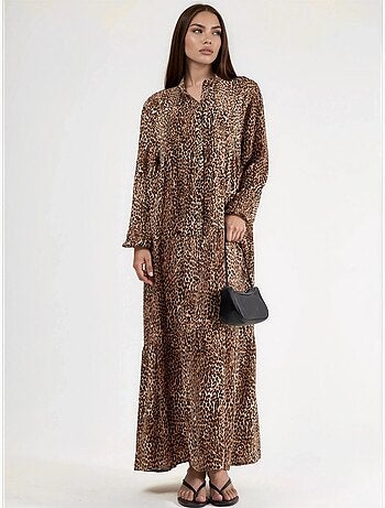 Vestido largo con estampado de leopardo, cuello en v y botones, ajuste cómodo hiccup