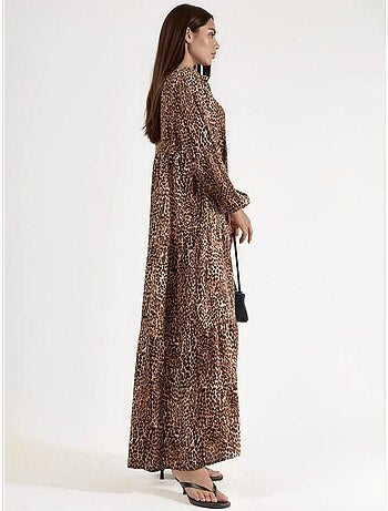 Vestido largo con estampado de leopardo, cuello en v y botones, ajuste cómodo hiccup