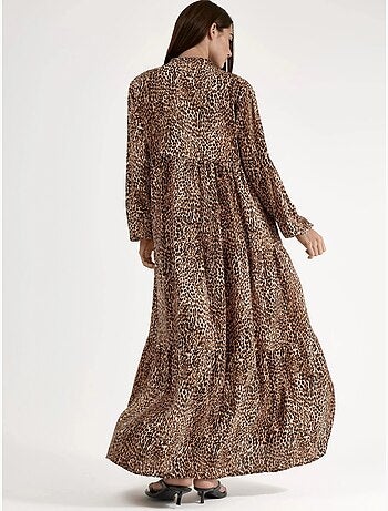 Vestido largo con estampado de leopardo, cuello en v y botones, ajuste cómodo hiccup