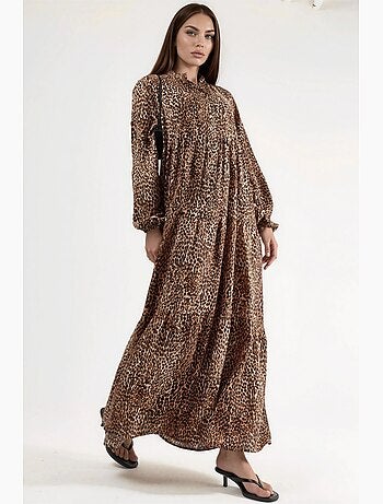 Vestido largo con estampado de leopardo, cuello en v y botones, ajuste cómodo hiccup
