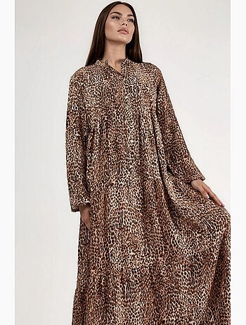 Vestido largo con estampado de leopardo, cuello en v y botones, ajuste cómodo hiccup