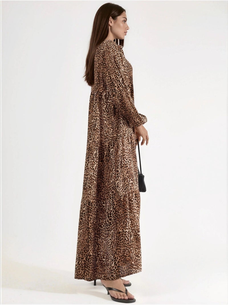 Vestido largo con estampado de leopardo, cuello en v y botones, ajuste cómodo hiccup Camel - Kiabi