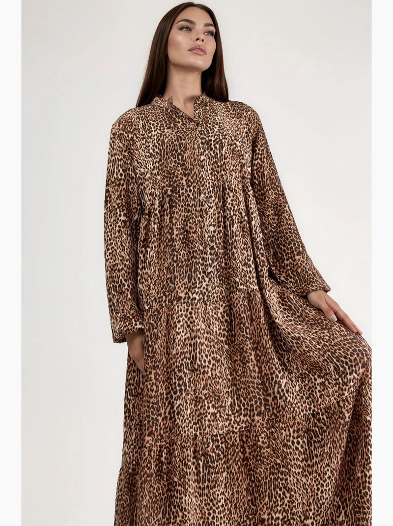 Vestido largo con estampado de leopardo, cuello en v y botones, ajuste cómodo hiccup Camel - Kiabi
