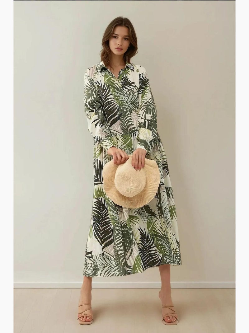 Vestido largo con estampado floral y cuello camisero hiccup Caqui - Kiabi