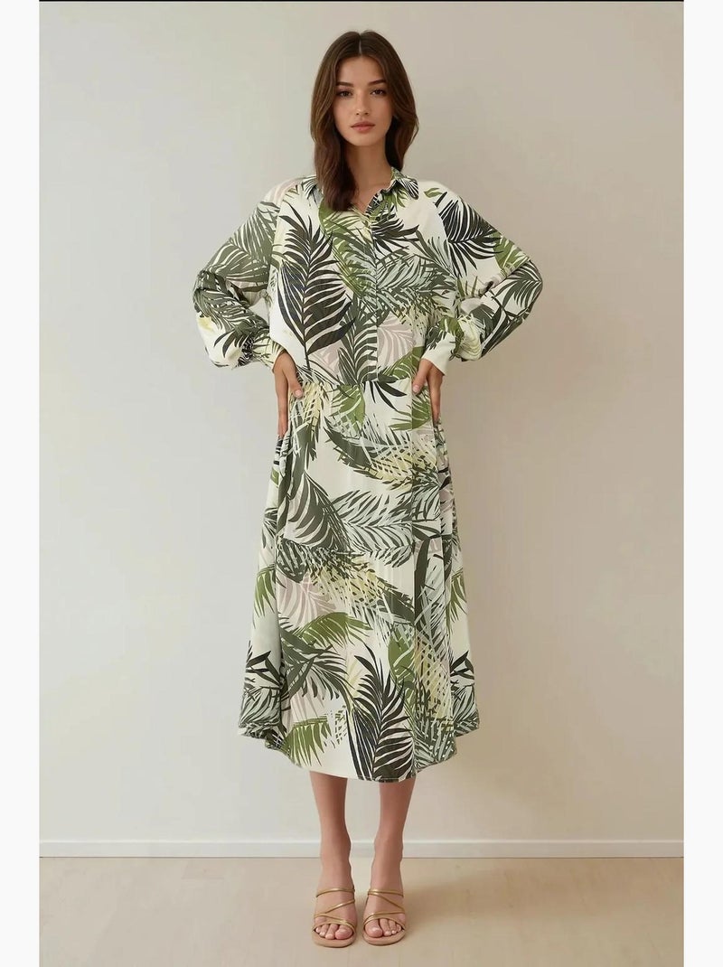 Vestido largo con estampado floral y cuello camisero hiccup Caqui - Kiabi