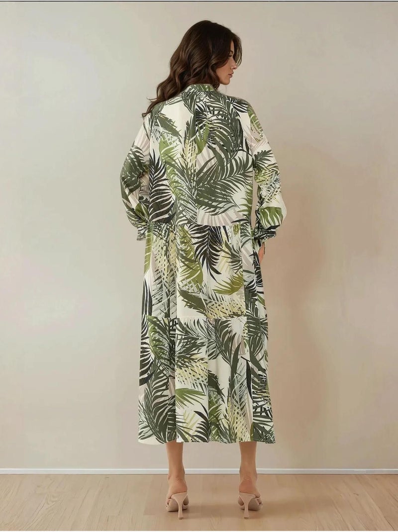 Vestido largo con estampado floral y cuello camisero hiccup Caqui - Kiabi