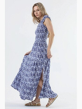 Vestido largo con estampado paisley y cuello cuadrado busem