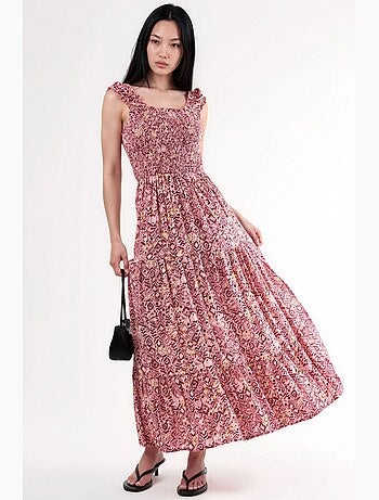 Vestido largo con estampado paisley y cuello cuadrado busem